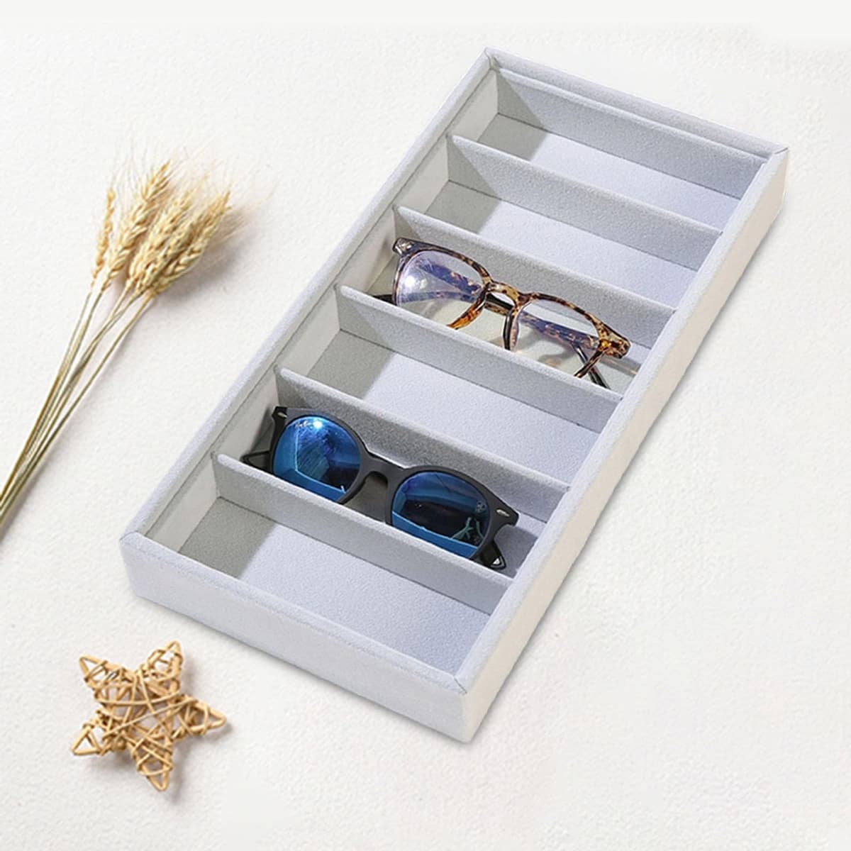 TISHITA Bandeja para Gafas Organizador de Gafas de Sol, Caja de Almacenaje de Lentes Soporte para Joyas Material Suave Resistente para Regalar Uso en Tocador, Bandeja de Almacenamiento, Gris — view 5