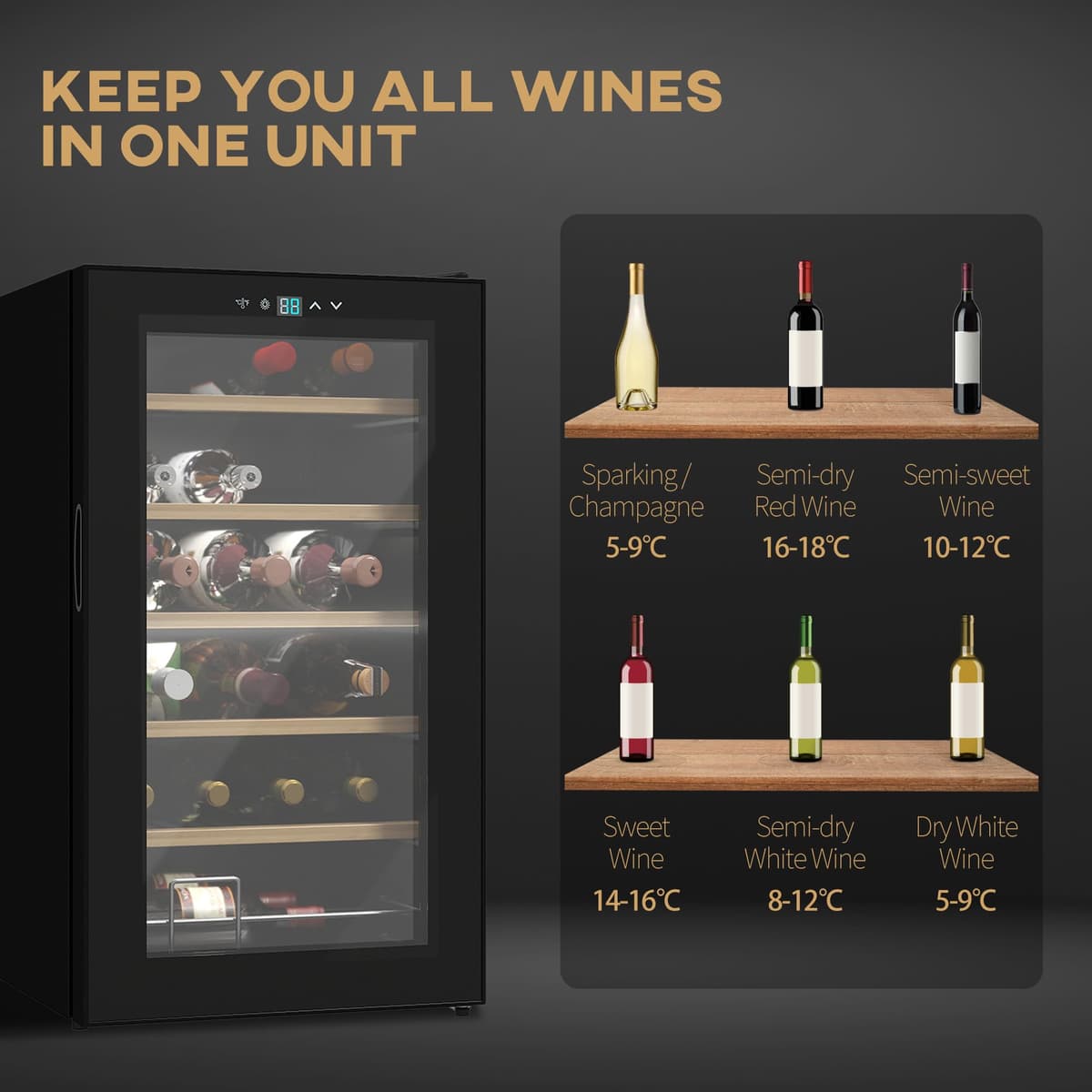 HOMCOM 24 Bottle Wine Fridge, 65 Litre Capacity, 43cm Freestanding Wine Cooler Fridge with Glass Door, LED Light, Digital Touch Screen, Temperature Control, Black — view 3