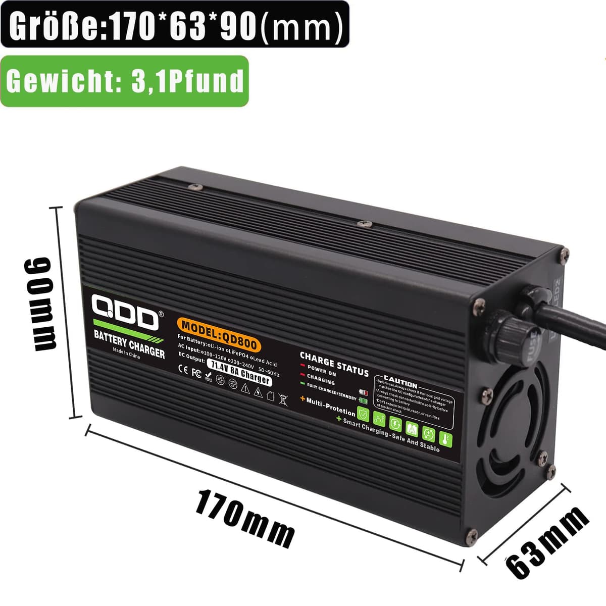 QDD Cargador 71.4V 8A para batería Li-ION 60V, carcasa de aluminio negro, salida CC, conector C13N+L-, compatible con baterías de litio 17S 60V — view 5