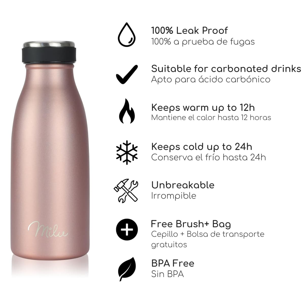 Milu Botella de acero inoxidable de 350ml 500ml 750 ml 1 L 1,5 L botella de agua aislada, termo a prueba de fugas, doble pared, apta para ácido carbónico + cepillo de limpieza (Azul Violeta, 350ml) — view 53