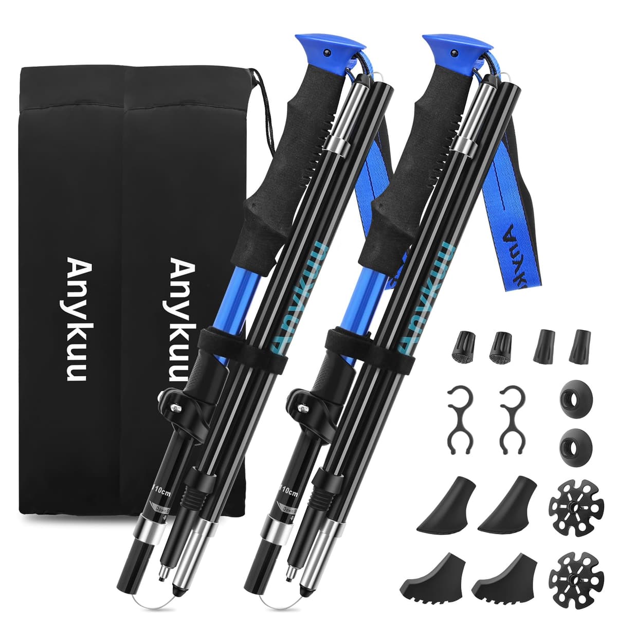 Anykuu 7075 Bastones de Senderismo de Aleación de Aluminio 2pcs y EVA Bastones Trekking Bastones Marcha Nordica Plegables Ajustar la Longitud 110-130CM para Senderismo Viaje Alpinismo Trail