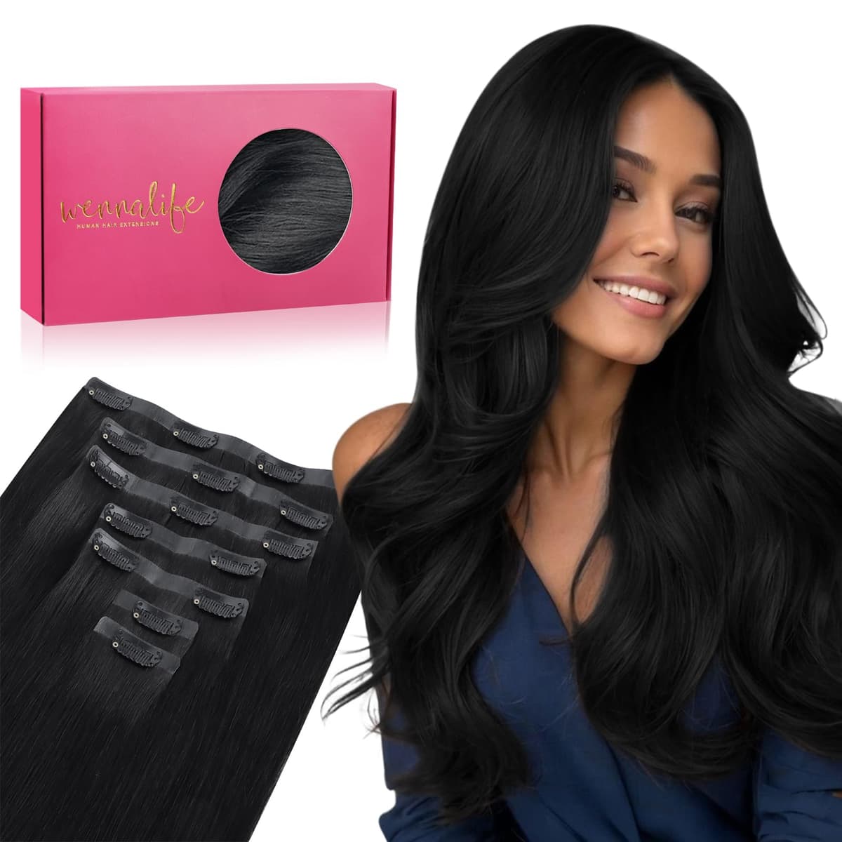 WENNALIFE Extensiones de Clip Seamless de Pelo natural, Negro Azabache 50cm 150g 7 Piezas Sin Costuras Extensiones Pelo Natural Clip Extensiones de Cabello Remy Humano Natural Invisible Clip In