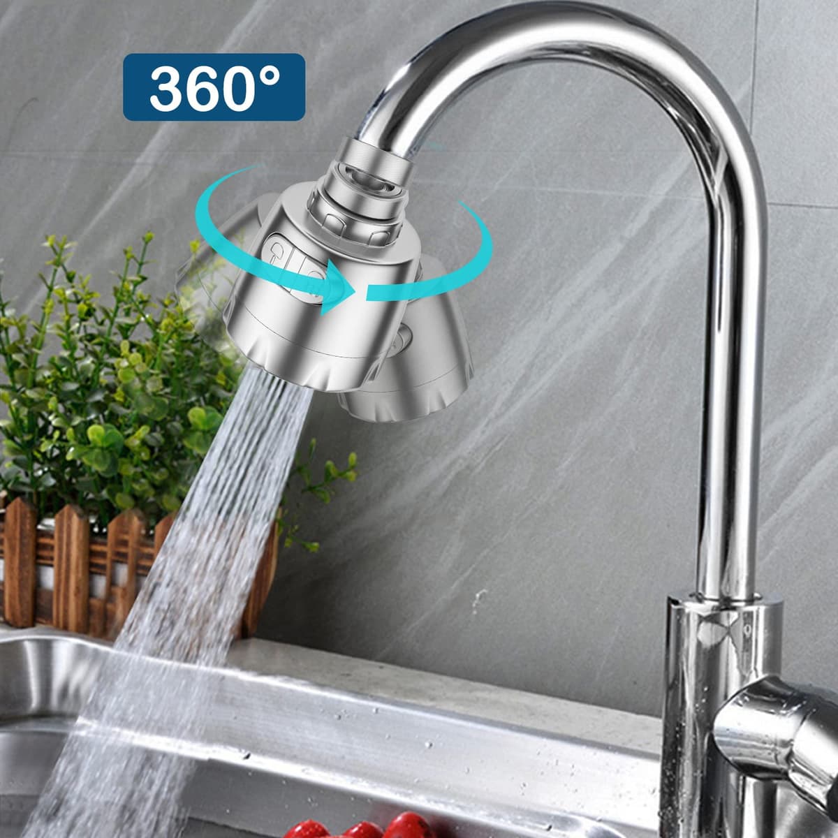 Vinabo Aireador para grifo, 360 °, giratorio, fregadero, de ahorro hídrico, con filtro regulador de cabezal y boquilla para cocina baño, 2 modos, Plata — view 2