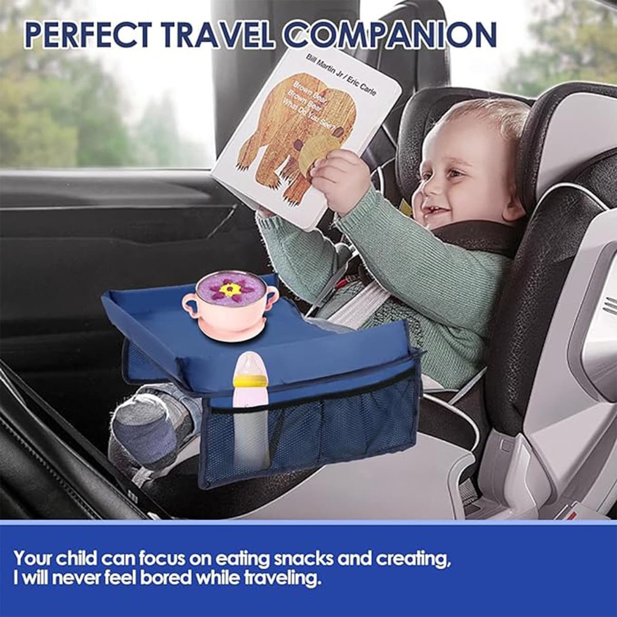Kids Car Seat Tray, Adjustable Strap Pocket Car Seat Tray Table, Foldable Activity Lap Desk, Portable Road TripEssentials, for Activities Must HaveToddler Lap Desk Organizer Airplane — view 4