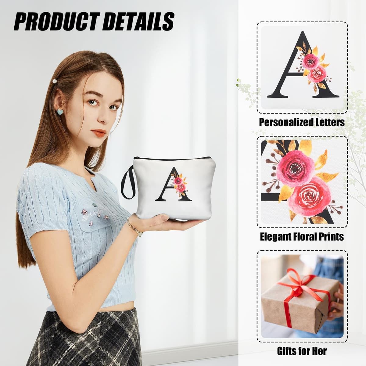 A-Z BAG Personalised Initial Makeup Bag with Floral Letter,Gifts for Women,Mum,Friend,Sister,Teenage Girls,Bridesmaid,Cosmetic Wash Bag & Toiletry Pouch,W — view 5