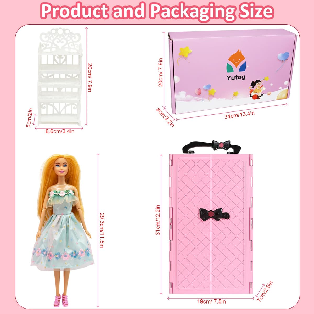 122 Piezas Armario Muñecas con Muñeca 11,5 Pulgadas, Ropa y Accesorios, Incluye Vestido Princesa Zapatos Bolsos Otros Complementos, Juguetes Disfraces Adecuados para Niñas, Niños y Niños (Rosa) — view 3