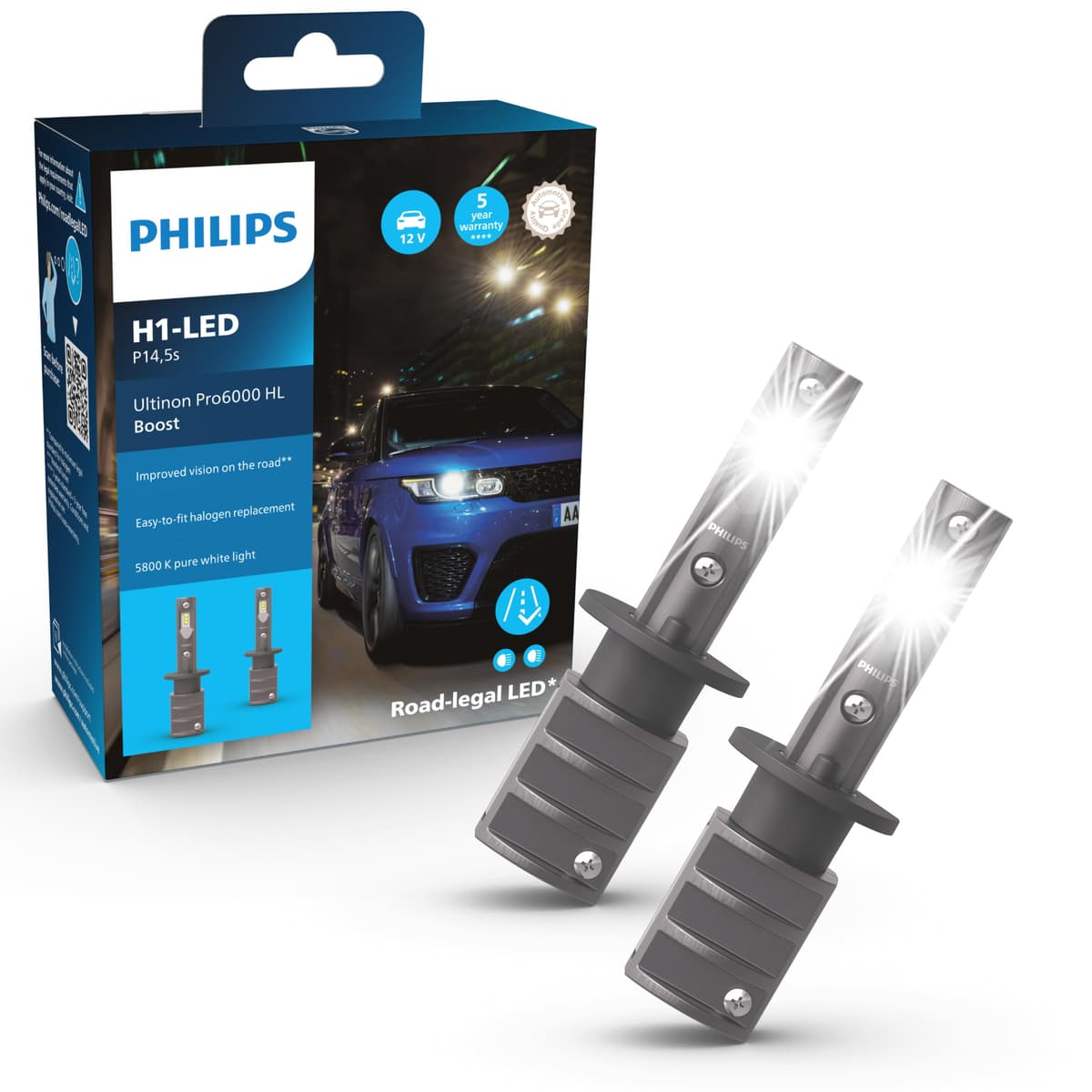 Philips Ultinon Pro6000 Boost H1 Ampoule de phare LED avec autorisation routière*, 5800 K, gris