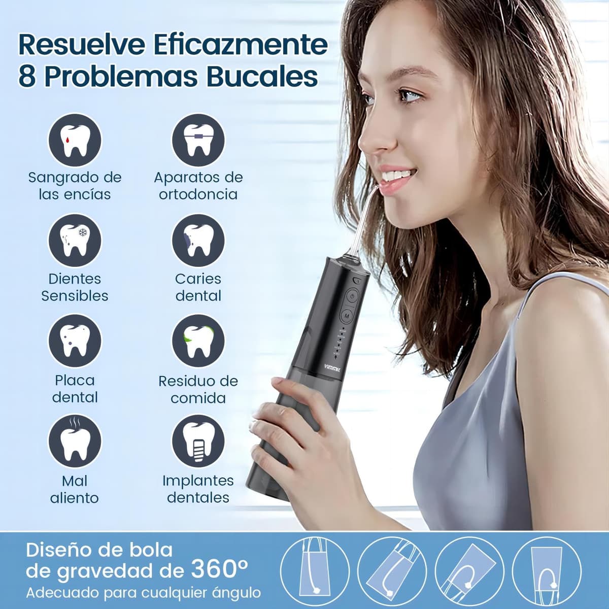Irrigador Bucal Portatil, Vimmk Irrigador Dental Inalámbrico Profesional 8 Boquillas 5 Modos, IPX7 Impermeable 300ML USB-C Recargable Para Limpieza Dientes, Para el Hogar y los Viajes (Negro) — view 5