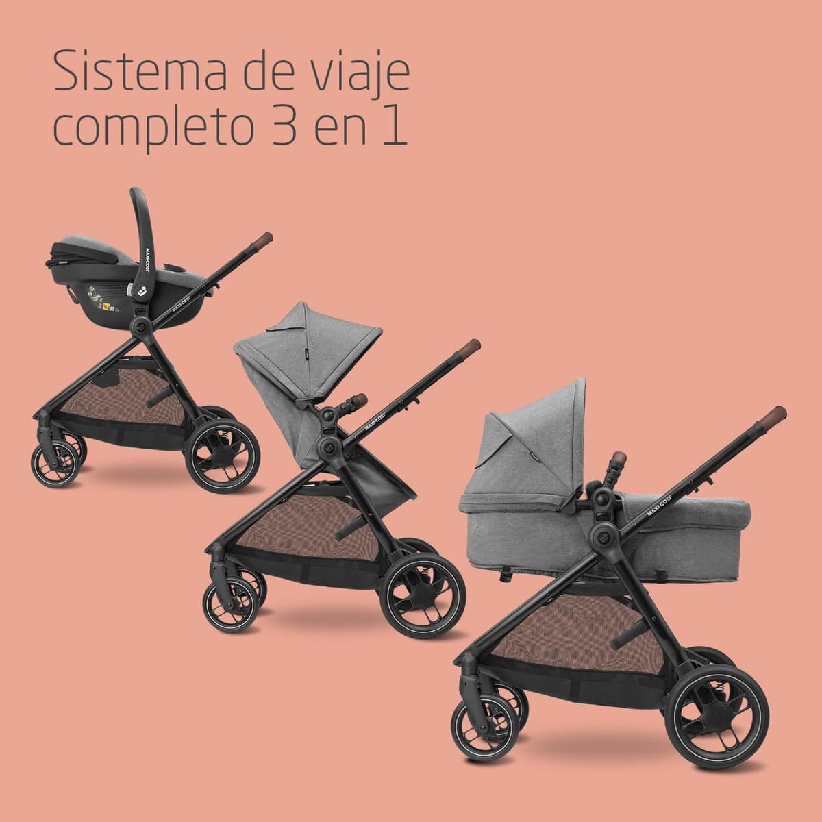 Maxi-Cosi Zelia S Trio Cochecito Bebe 3 Piezas, 0 - 4 Años, hasta 22 kg, Plegable, Compacto y Reclinable Silla de Paseo, con CabrioFix S i-Size Silla Coche Bebe, Accesorios, Bolso Cambiador, Gris — view 2