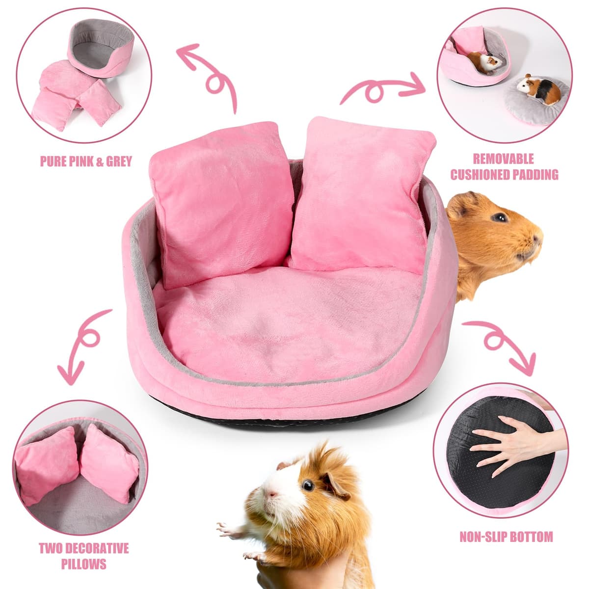 Guinea Pig Couch - Guinea Pig Bed, Removable Cushioned Pillow, Round Cuddle Cup Shape, Pure Pink and Gray, Ideal Bed for Small Pets — view 3