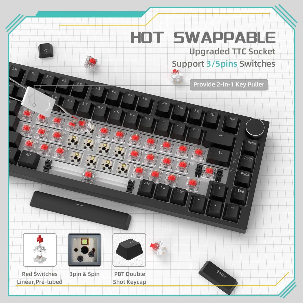 YINDIAO Ajazz AK820 Teclado Mecánico con Perilla,Diseño 75% ANSI,82 Teclas,Teclado para Juegos con Cable,5 Espumas Absorbentes de Sonido,Hot-Swap,Interruptor Rojo,Luz Blanca Hielo,para PC,Mac (Negro) — view 4