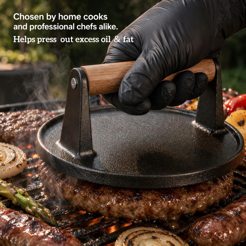 Cast Iron Burger Press Set, Round and Rectangular Grill Press with Wooden Handle, Circle — view 4