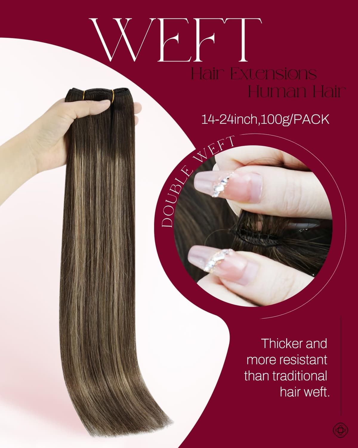 Moresoo Balayage Human Hair Extensions Weft 20 Inch 100G Double Weft Sew in Hair Extensions Remy Hair Brown Ombre to Caramel Blonde #4/27/4 — view 2
