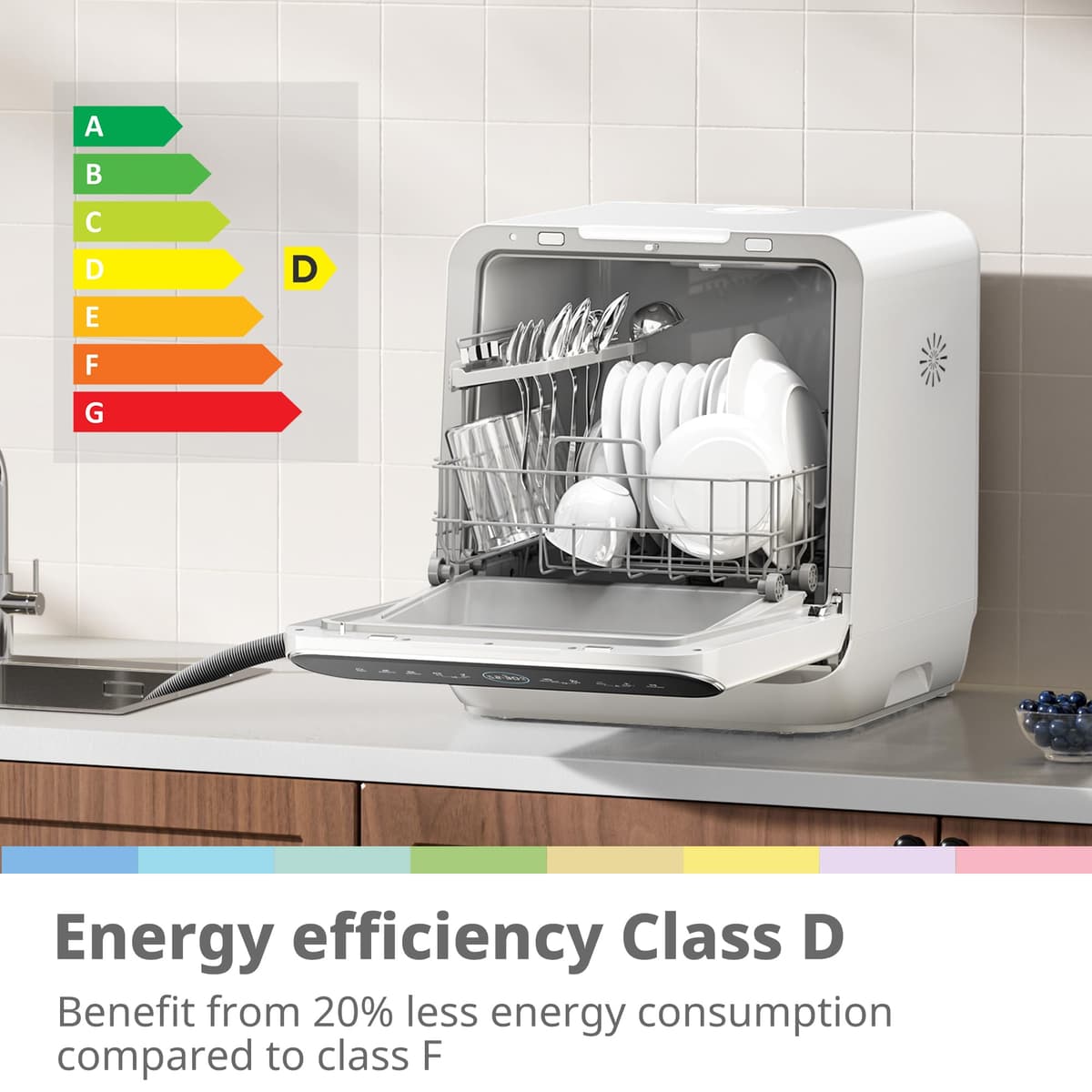 COMFEE' Table Top Dishwasher 7+3 Programs Mini Tabletop Dishwasher No Plumbing, 6L Built-in Water Tank, Hygiene Wash, Auto Door Open Drying, Baby Care, Energy Class D- White — view 4