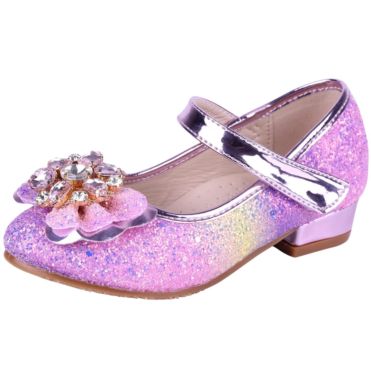 Girls Princess Shoes Sequins Sweet Bows High Heels Wedding Party Dress Shoes Dance Bright Diamond Cosplay Christmas Festival Shoes Pink Blue Purple Gold Silver