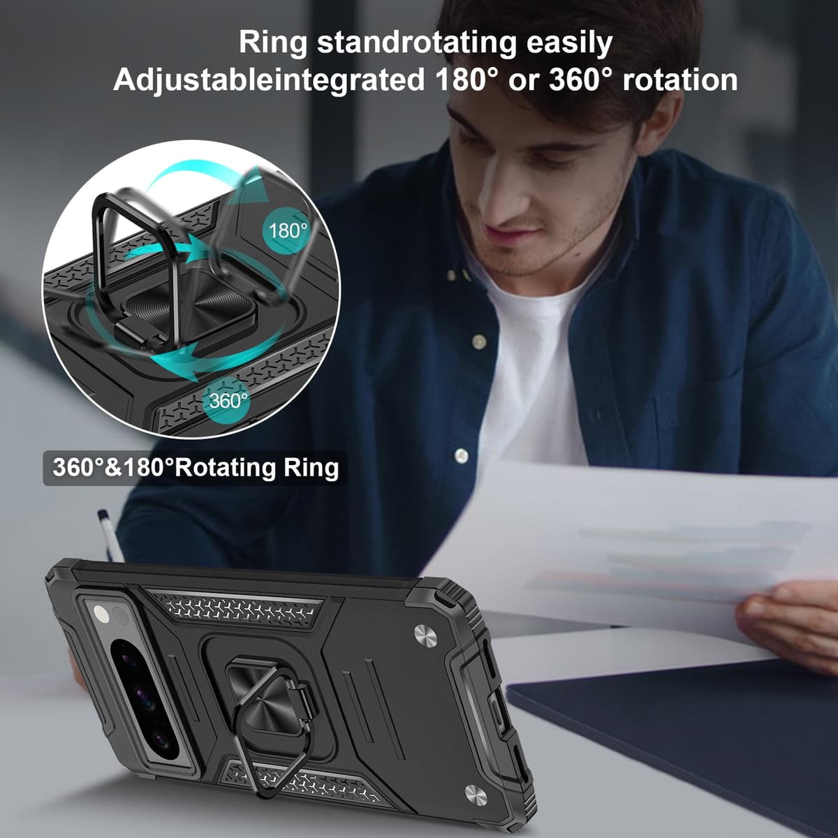 Funda para CMF Phone 2 Pro, Carcasa Antigolpes con Soporte anular metálico, Case Protectora de Grado Militar, Negro — view 745