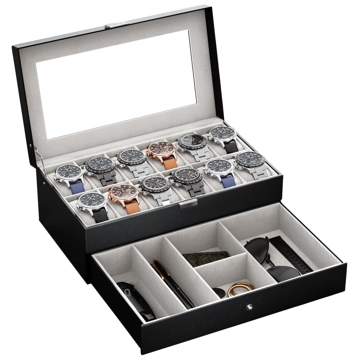 ProCase Caja de Relojes de 6 Ranuras con Cajón, Funda Organizadora de Reloj de 2 capas con Tapa de Cristal, Estuche de Almacenamiento para Hombres y Mujeres -Negro — view 9
