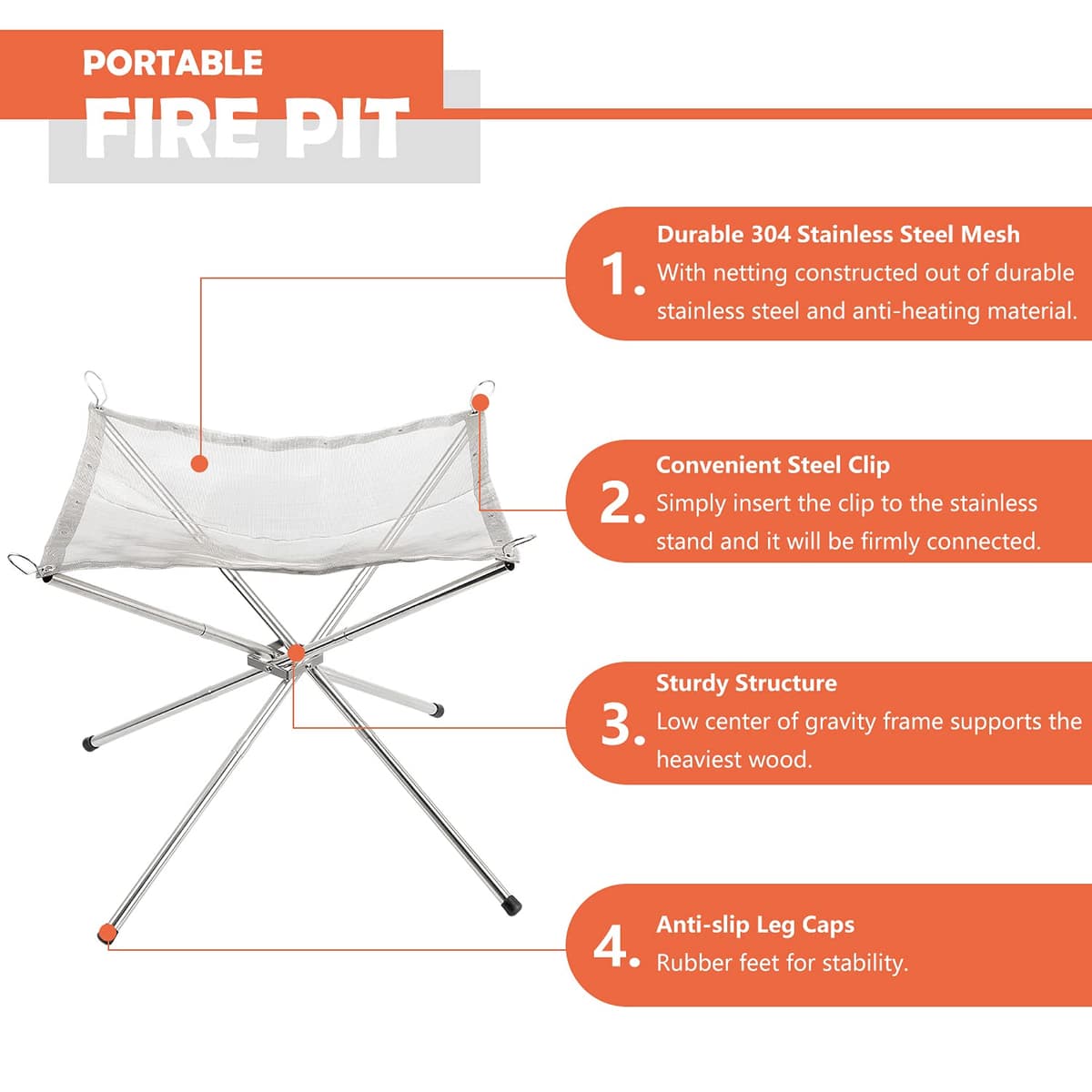 Portable Fire Pit for Camping, Outdoor Folding Firepit Fireplace with Heat Resistant Gloves & Carrying Bag, Stainless Steel Mesh BBQ Fire Bowl for Picnics, Bonfire, Patio, Backyard and Garden — view 2