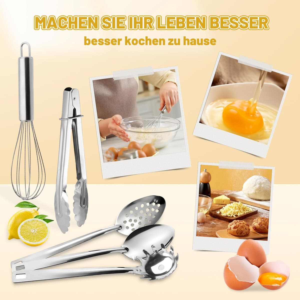 Juego de 9 utensilios de cocina de acero inoxidable – Herramientas de cocina con diseño de agujero colgante, utensilios de cocina, apto para lavavajillas, cucharón de acero inoxidable, espátula — view 5