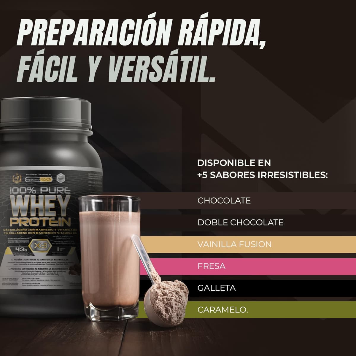 Healthy Fusion Whey Protein | Proteína Whey pura con Colágeno + Magnesio | Mejora tus entrenamientos | Protege y aumenta la masa muscular | 1000g de proteína (Chocolate) — view 5