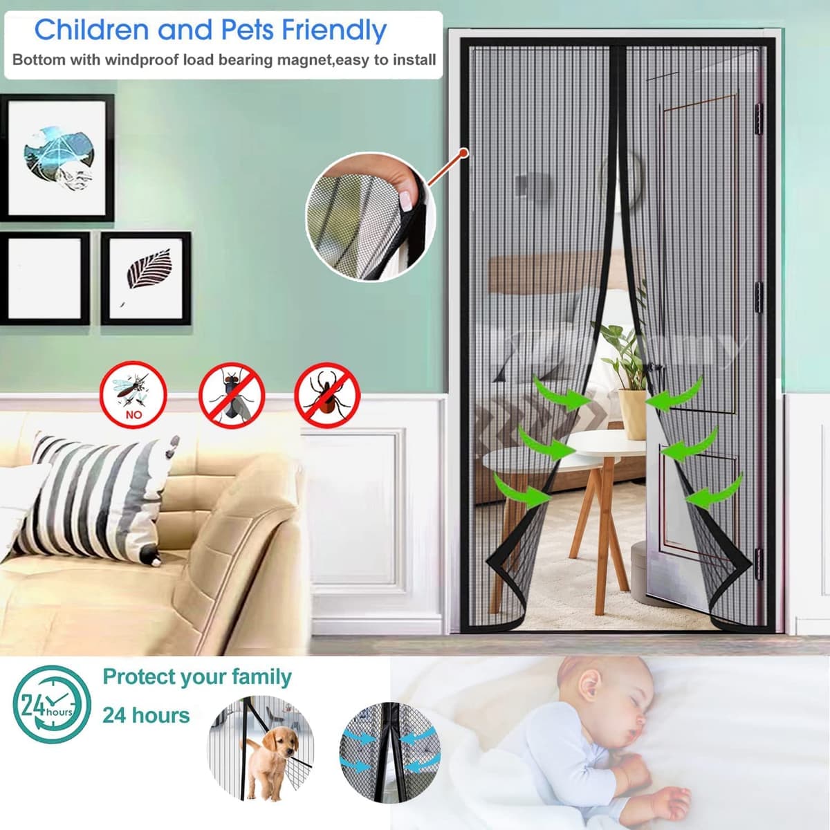 Mosquitera Puerta Magnetica, Adsorción Magnética Plegable Anti Mosquito Insecto Mosquitera, para Puertas de Salón Balcón Corredor.-Black A|| 70x205cm(27x80inch) — view 5