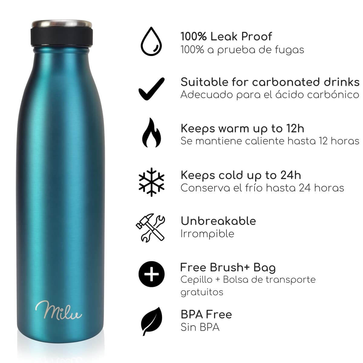 Milu Botella de acero inoxidable de 350ml 500ml 750 ml 1 L 1,5 L botella de agua aislada, termo a prueba de fugas, doble pared, apta para ácido carbónico + cepillo de limpieza (Azul Violeta, 350ml) — view 38