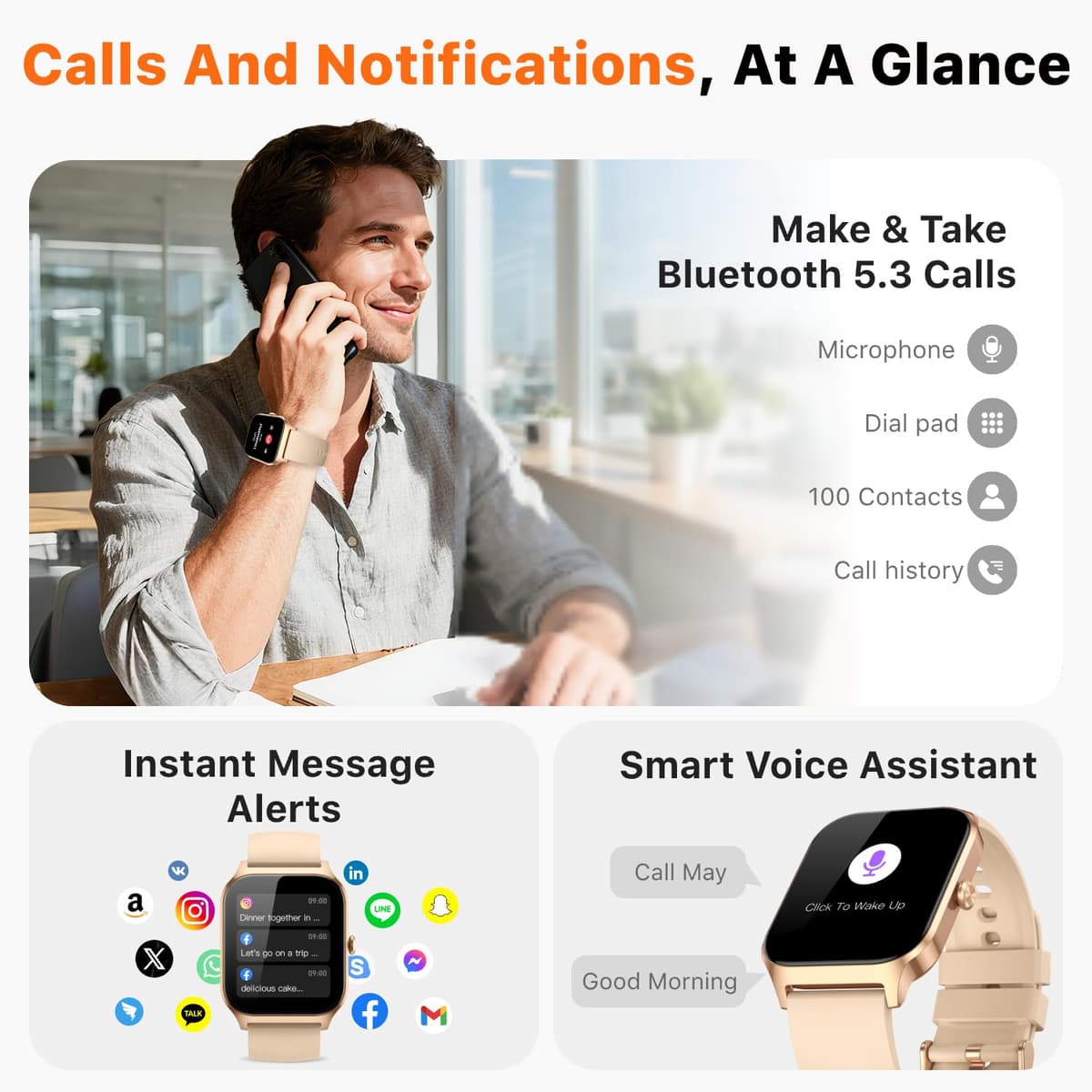 Kriutefy Smart Watch for Women Men - Answer/Make Call, Fitness Tracker Smartwatch for Android iPhone Compatible, Sleep Female Cycle, 120+ Sports Modes Step Counter (Champagne Gold, 2 Straps) — view 2