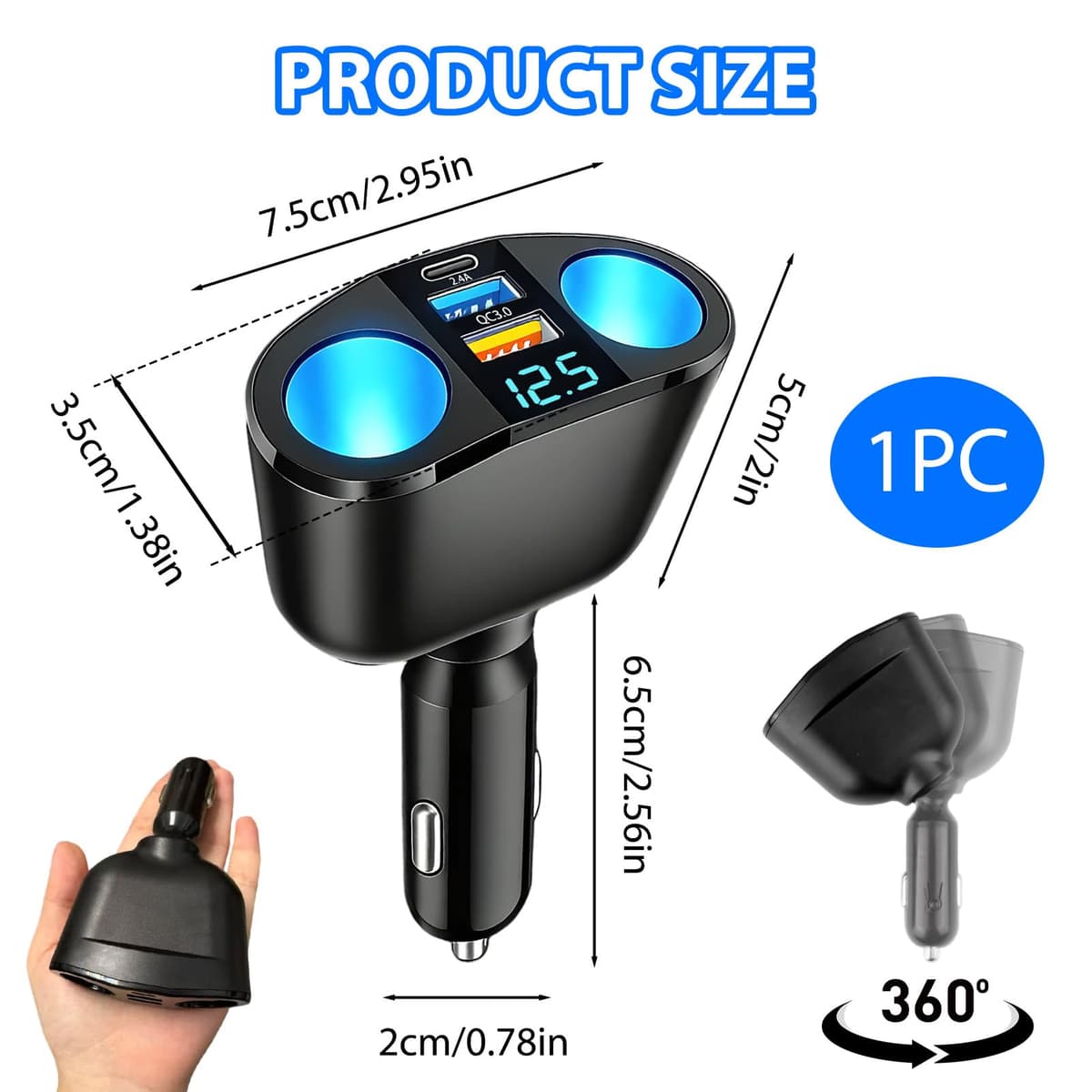 120W Car Cigarette Lighter Adapter, Dual USB QC3.0 & PD 12V/24V Multi Socket Car USB Charger Splitter Double Cigarette Lighter with LED Voltmeter Fast Charging for Phones GPS Dashcam Vehicle Devices — view 2