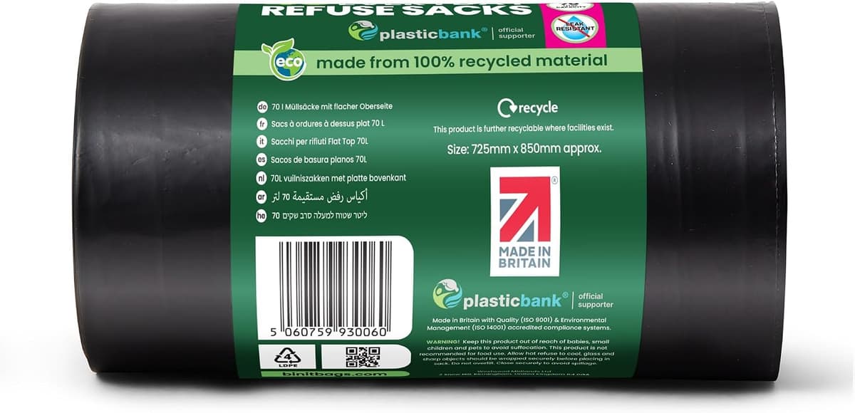 BIN IT 40 Everyday 70L Strong & Secure, Refuse Sacks, Bin Bags, Bin Liners, Flat Top, Recycled, Tear Resistant, 30 μm, Perfect for Everyday Use, Household, Office, Kitchen & Caterers — view 3