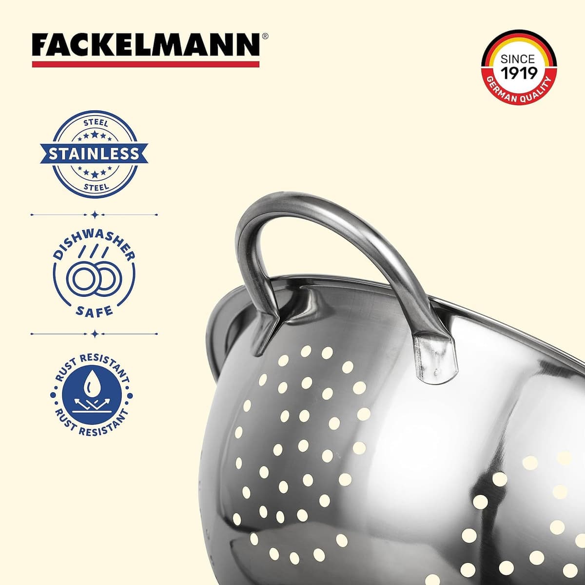 Fackelmann Colador de Cocina y Escurridor en Acero Inoxidable, Colador con Asas y Peana Estable, Idóneo para Escurrir Ensalada, Pasta, Arroz, Legumbres y Verduras, 24cm, 1 ud. — view 3