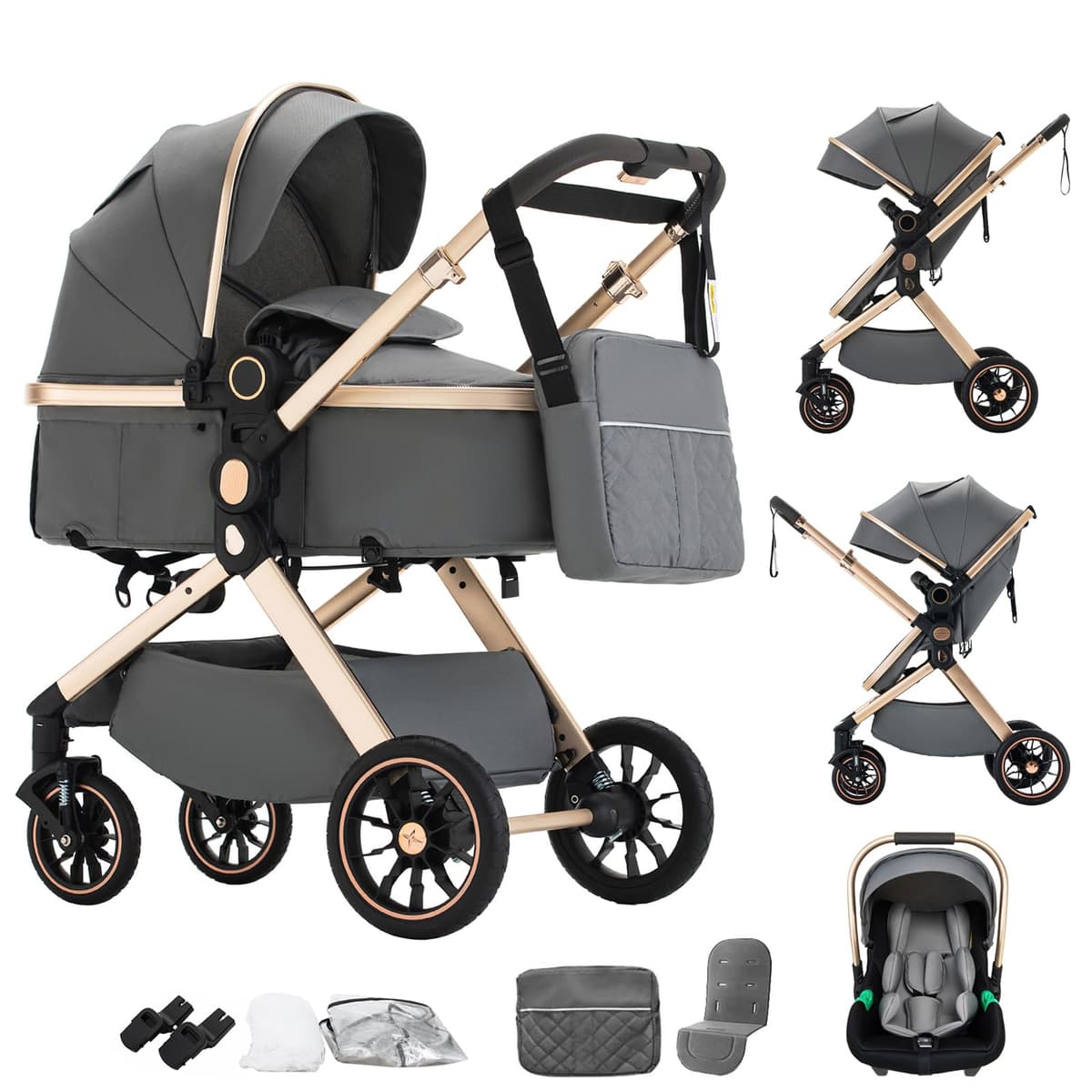 3 in 1 Baby Stroller with Height Adjustable Handle,3 in 1 Prams Travel System, Lightweight Foldable Pushchair, Prams with Aluminum Frame for Portable Baby Carriage (D2 Pink, H2-D) — view 17