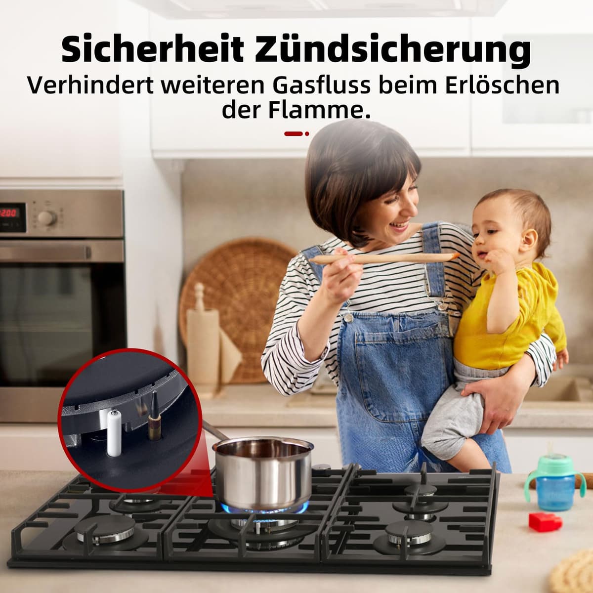 GASLAND GH2805BG1FC Placa de Cocina de Gas Butano Con Quemador Wok, 5 Fogones, Vidrio Negro, 76 cm, 10,4 KW — view 3