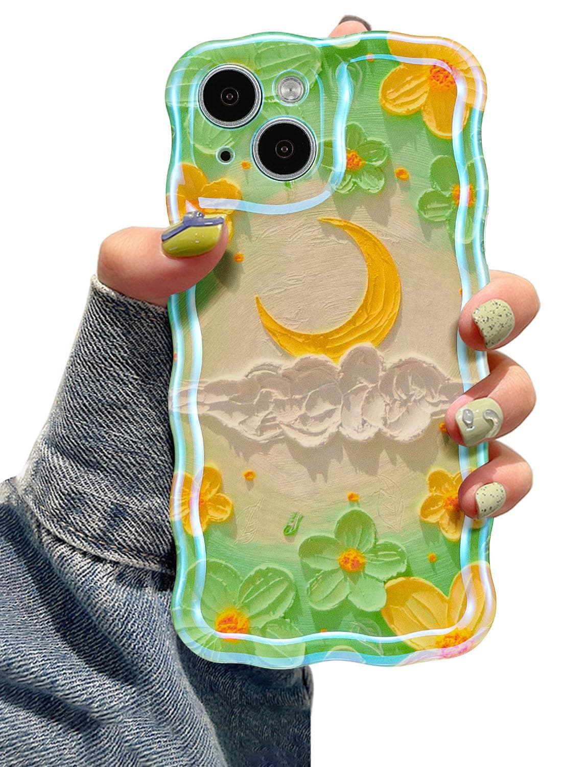 EYZUTAK Case for iPhone 17 Pro, Colorful Retro Oil Painting Printed Flower Laser Glossy Pattern Cute Curly Wave Edge Exquisite Phone Cover Stylish Durable TPU Protective Case for Girl Women-Green — view 64