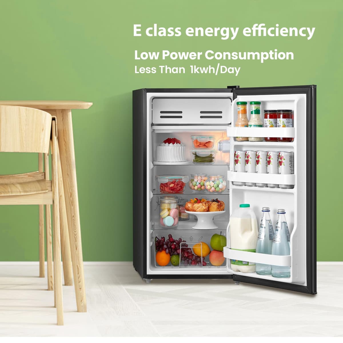COMFEE' RCD93BL2(E) Under Counter Fridge, 93L Freestanding Refrigerator with Cooler Box, Adjustable Thermostat, Reversible Door, Removable Glass Shelves, Interior Light, Black — view 4