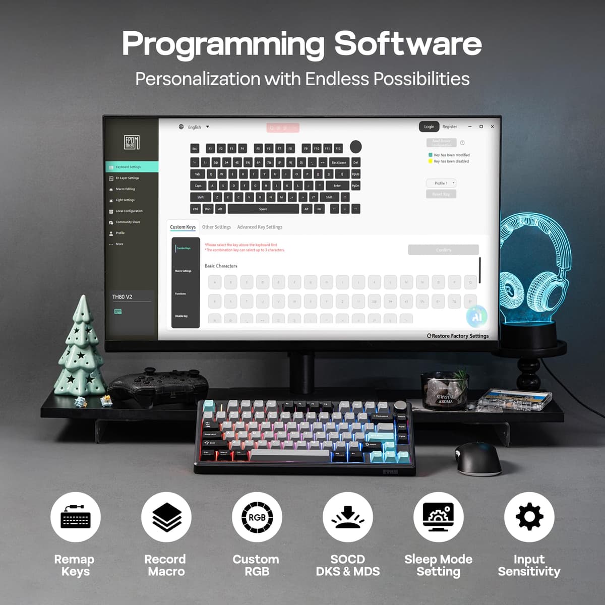 EPOMAKER TH80 V2 75% Kabellose Mechanische Gaming-Tastatur, 8000mAh&2,4G/BT, Hot-Swap, Mac Modifier, RGB, Programmierbare Tasten & Knopf, Creamy Tastatur für Mac/PC (Schwarz, Creamy Jade) — view 7