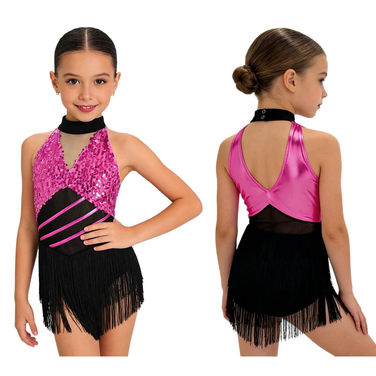 Freebily Vestidos Baile Salsa Samba Rumba con Flecos Niña Leotardo De Baile Latino Espalda Abierta Trajes De Bailarina Cha Cha — view 5