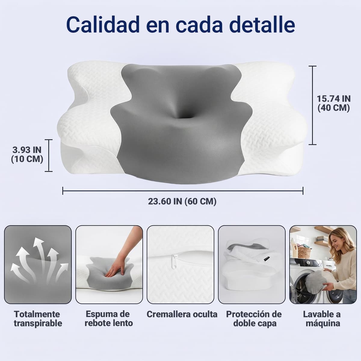 COSYLAND Almohada Cervicales y Cuello - Espuma Viscoelástica, Diseño Mariposa con Soporte Ergonómico y Transpirable, para Dormir de Lado, Boca Arriba y Boca Abajo, 60 x 40 x 10/13 cm — view 3