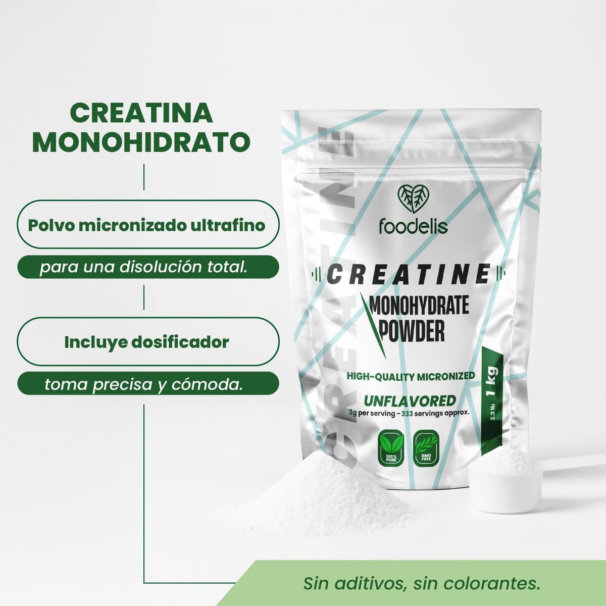 Foodelis Creatina Monohidratada en Polvo 1 kg / 333 Dosis - 100% Creatina Monohidrato Micronizada - Sin Sabor - Pura y Sin Aditivos - No-GMO - Alta Solubilidad - Incluye Dosificador — view 3