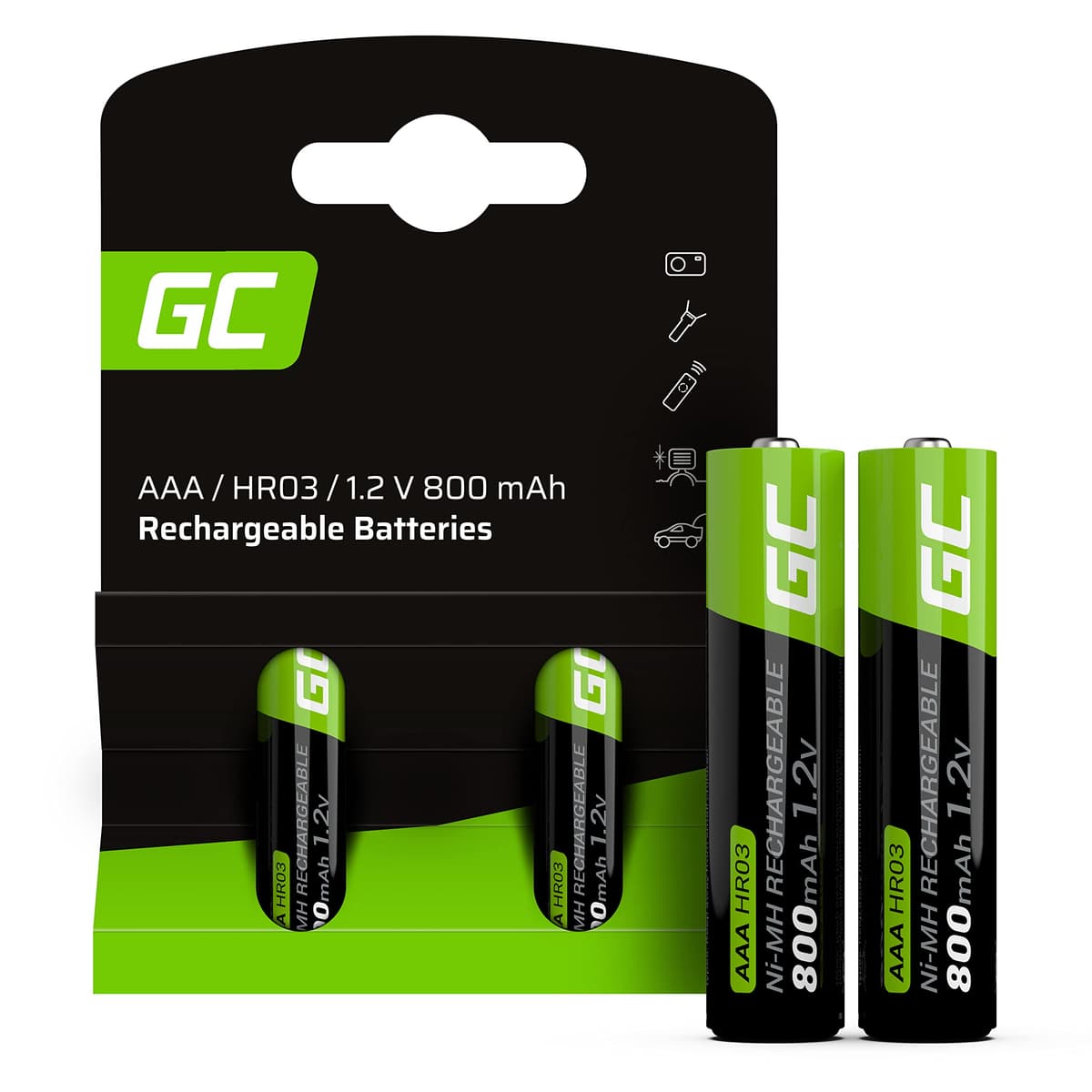 Green Cell Pilas Recargables AAA 1.2V 800mAh – 2 Piezas de Baterías Ni-MH para Uso Diario, Juguetes, Mandos a Distancia y Otros Dispositivos Electrónicos