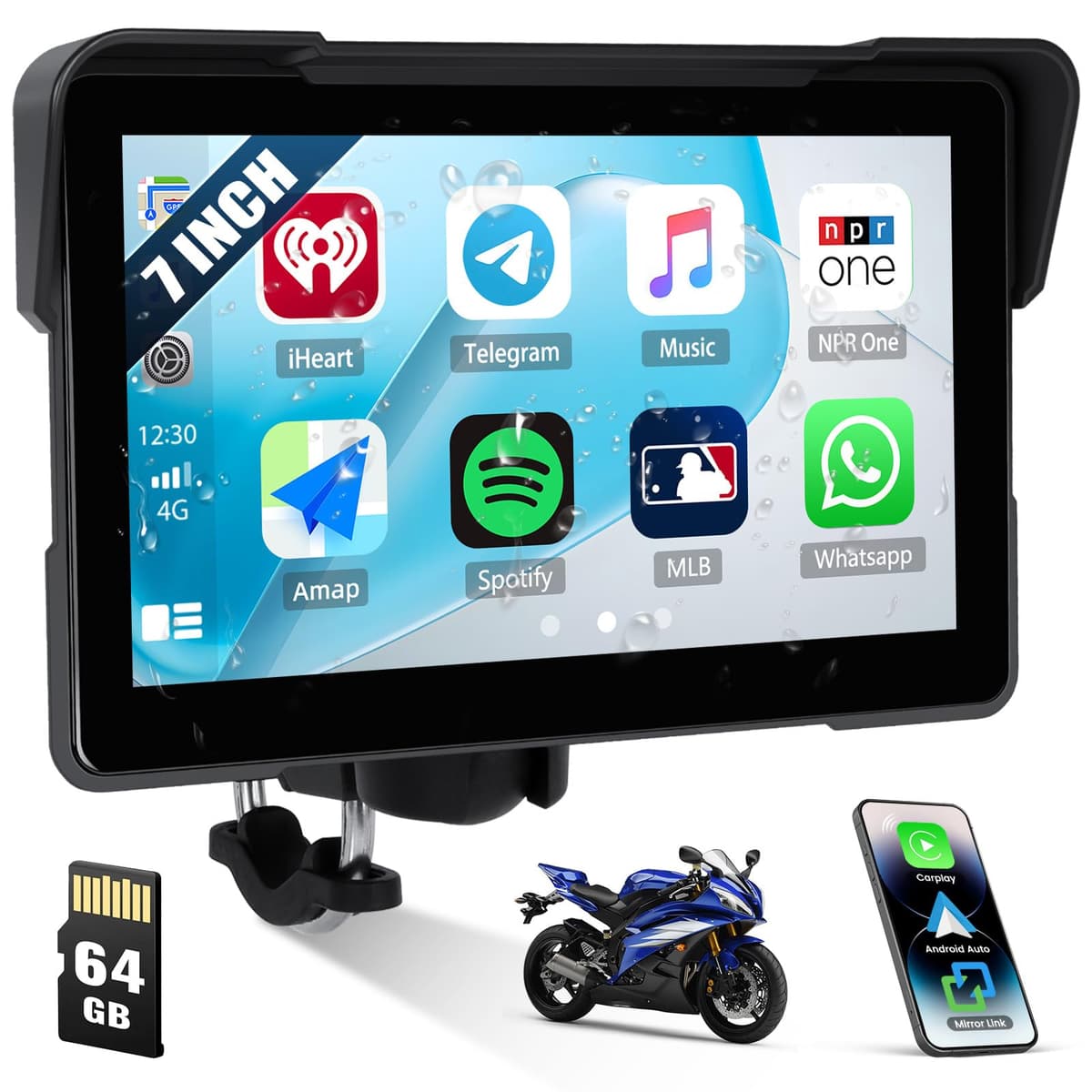 [2025] CAMECHO 7 Pulgadas Inalámbrico Moto Carplay Android Auto, IP67 Impermeable HD Pantalla Táctil GPS Display para Motos con Doble Bluetooth +EQ Airplay Android Cast Siri, G00gle Assistant