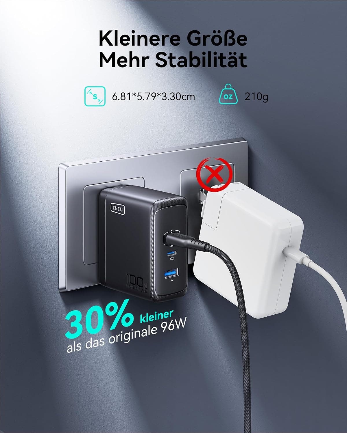 INIU Cargador USB C de 100 W, GAN de 3 Puertos, Cargador rápido con Cable USB C, Fuente de alimentación múltiple PD 3.0 para MacBook Pro Air, iPhone 16 15 14 Pro MAX Plus, Galaxy S25 S24 Ultra, Blanco — view 6