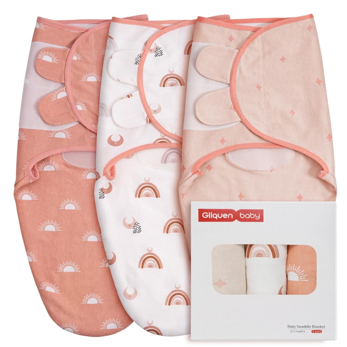 GLLQUEN BABY 3-Pack Organic Baby Swaddle Sleep Sacks for Newborn - Baby Swaddles 0-3 Months, Swaddle Sack, Rainbow & Sun, Blanket Wrap (Small/Medium)