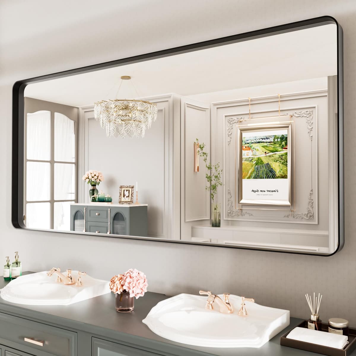 LOAAO 55X36 Inch Black Metal Framed Bathroom Mirror for Wall, Matte Black Bathroom Vanity Mirror Farmhouse, Large Rounded Rectangle Mirror, Anti-Rust, Tempered Glass, Hangs Horizontally or Vertically — view 107