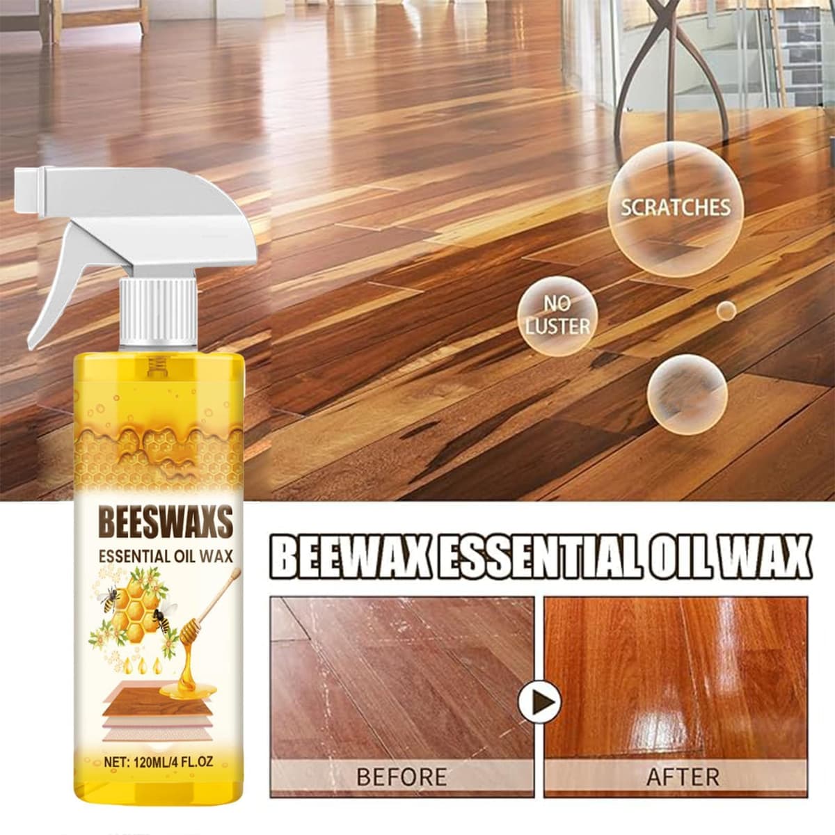 Spray Beeswax for Wood, Bees Wax Furniture Polish and Cleaner with Sponge&Towel, Beeswax Essential Oil Wax For Living Rooms,Kitchens, Floors (1 pc) — view 3