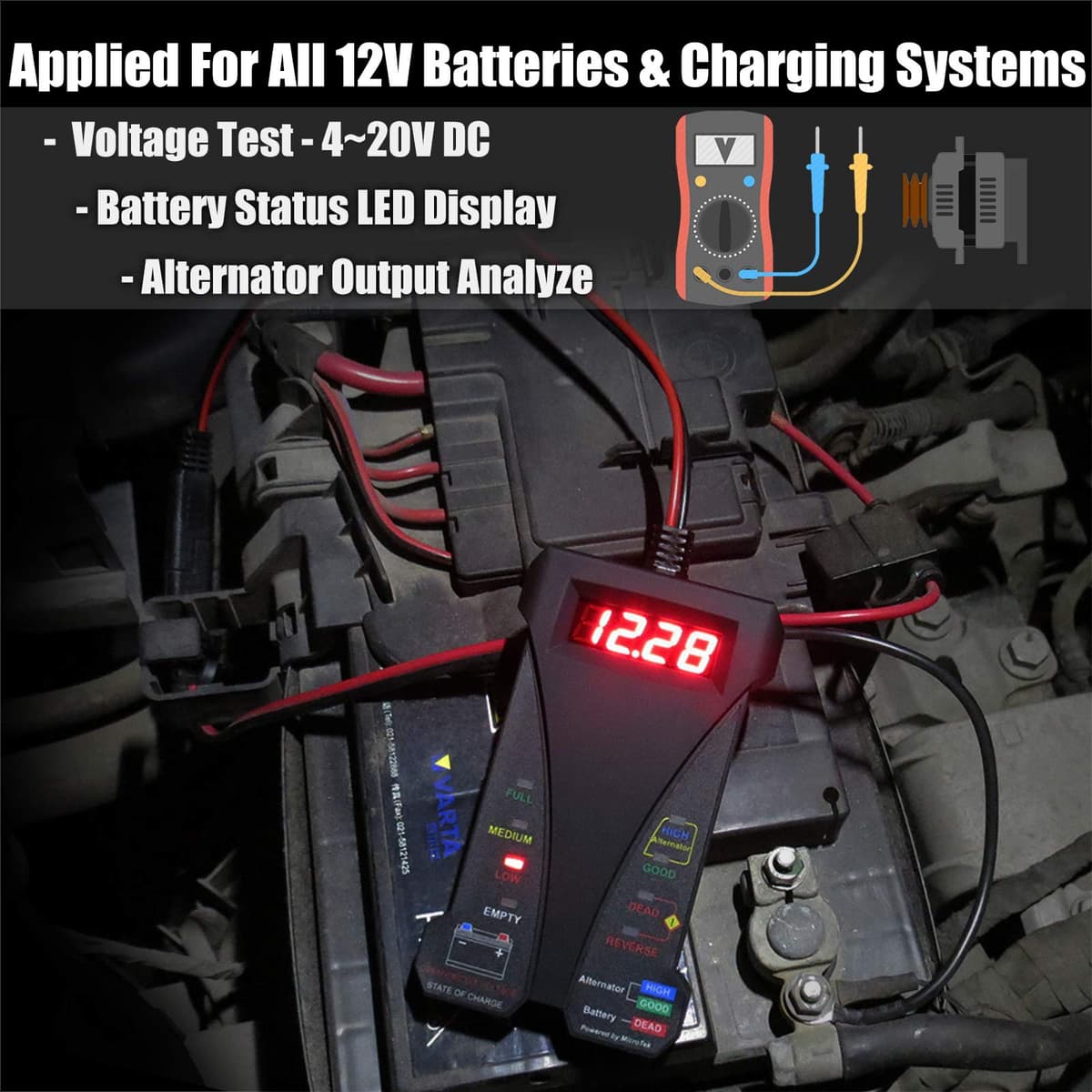 MOTOPOWER 12V Digital Battery Tester Voltmeter and Alternator Charging System Analyzer with LCD Display and LED Indication, Black Rubber Paint — view 2