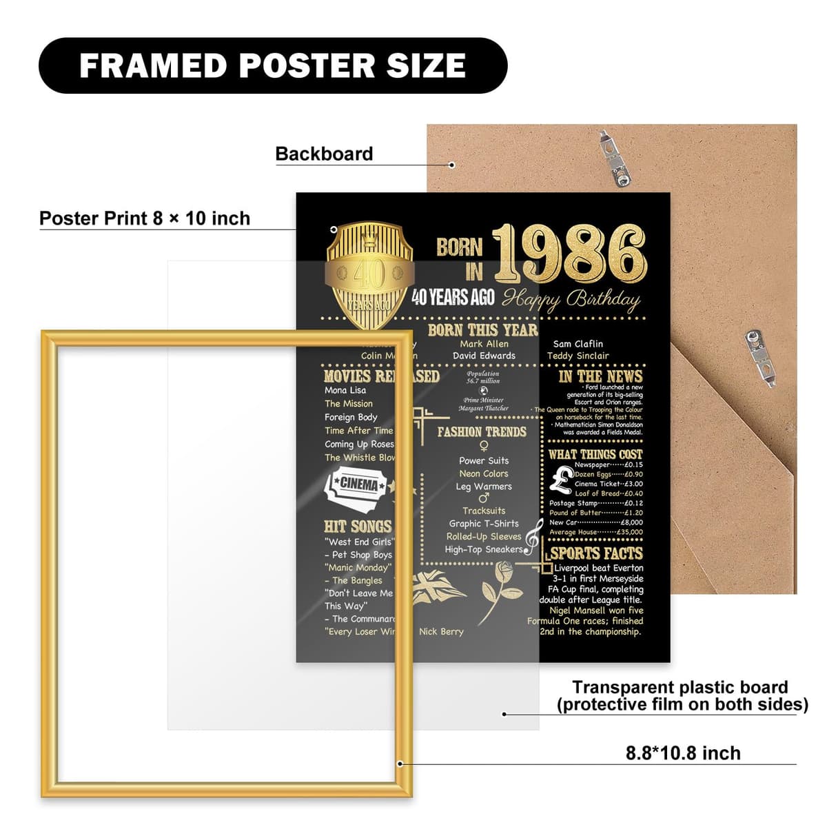 Benjia 1986 Poster Framed UK, Happy 40th Birthday Sign Card Party Decor Supplies Home Decoration Birthday Gift 40 Years Old Wedding Newspaper For Men Women (8x10 inch, Black Gold) — view 2