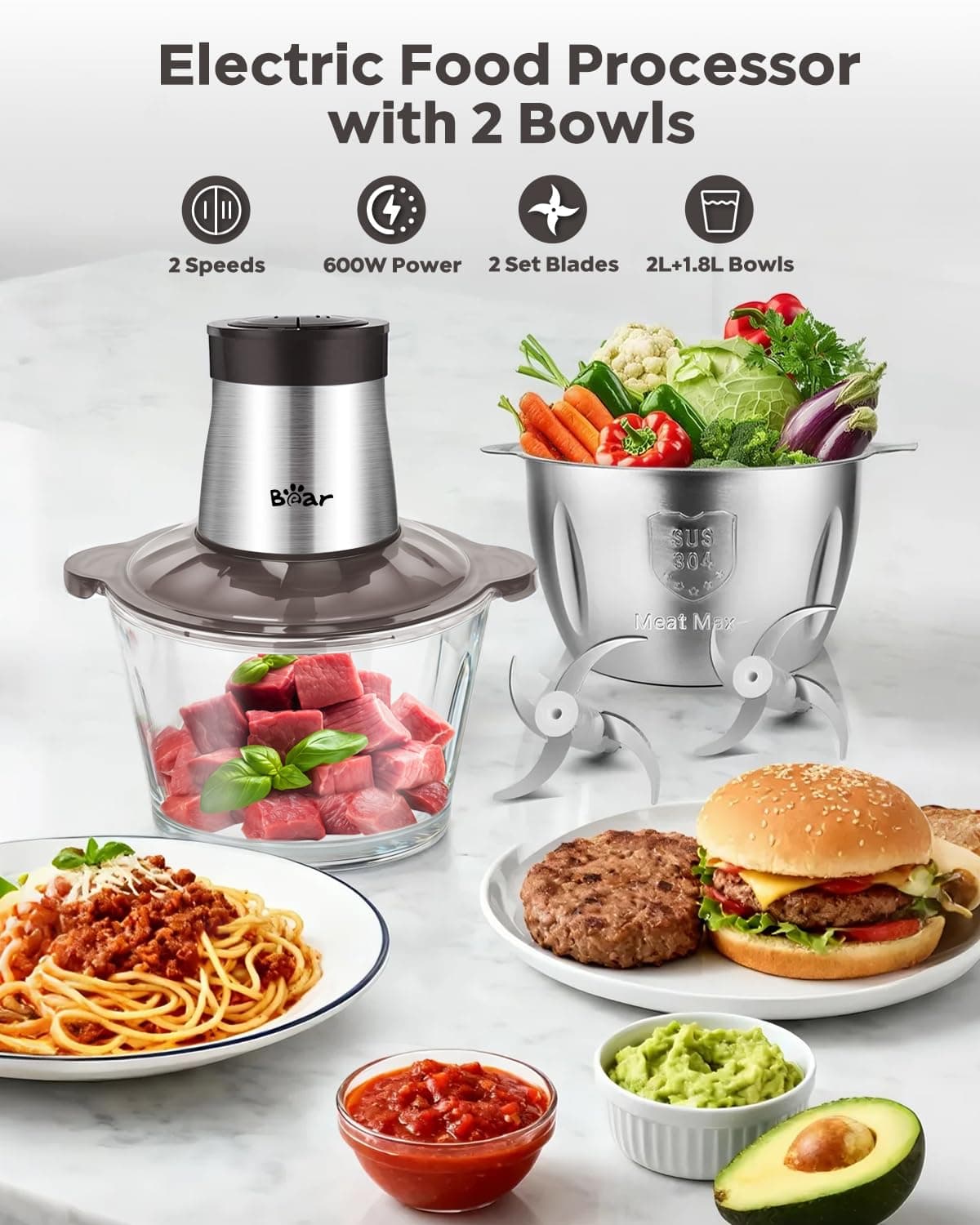 Bear 2L+1.8L 600W Electric Food Processors & Chopper with Glass Container and 304 Stainless Steel Container, 2 Speed Settings, 4 Stainless Steel Blades for Chopping Meat, Baby Food, Fruit, Vegetable — view 2