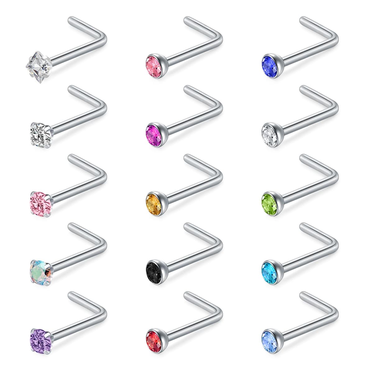 WillTen 20G Nose Studs L Shape Women Nose Studs Colorful Diamond CZ Silver Stainless Steel Heart Start Piercing Jewelry — view 16