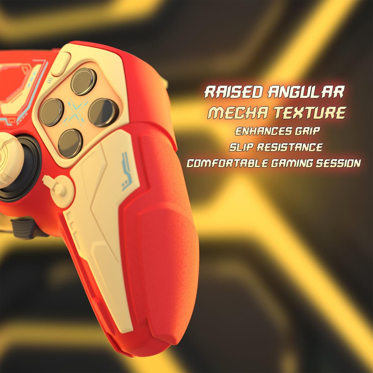 PlayVital Funda de Silicona para ps5 Edge Mando - Carcasa Protectora Antideslizante con Tapas para Joystick y Pegatinas Decorativas - Stellar Mecha (Rojo Carmesí & Amarillo Hierro) — view 5