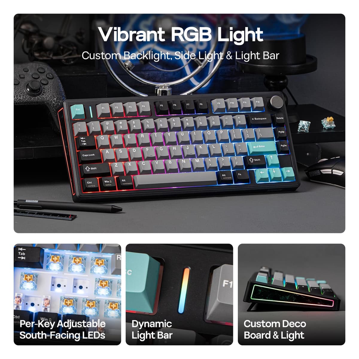 EPOMAKER TH80 V2 75% Kabellose Mechanische Gaming-Tastatur, 8000mAh&2,4G/BT, Hot-Swap, Mac Modifier, RGB, Programmierbare Tasten & Knopf, Creamy Tastatur für Mac/PC (Schwarz, Creamy Jade) — view 4